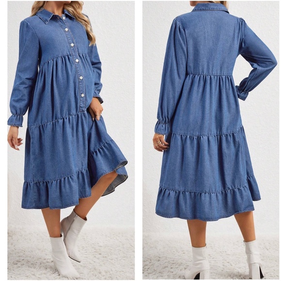 Maternity medium Wash Button up Denim Dress - Picture 3 of 4